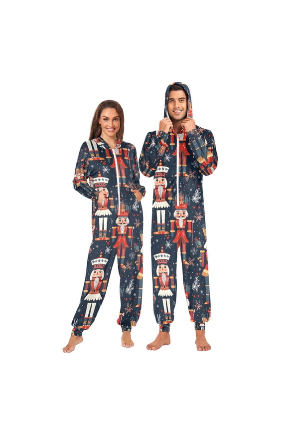 Adult Christmas Onesie Nutcracker Christmas Zipper One-Piece Pajamas Unisex with Pockets