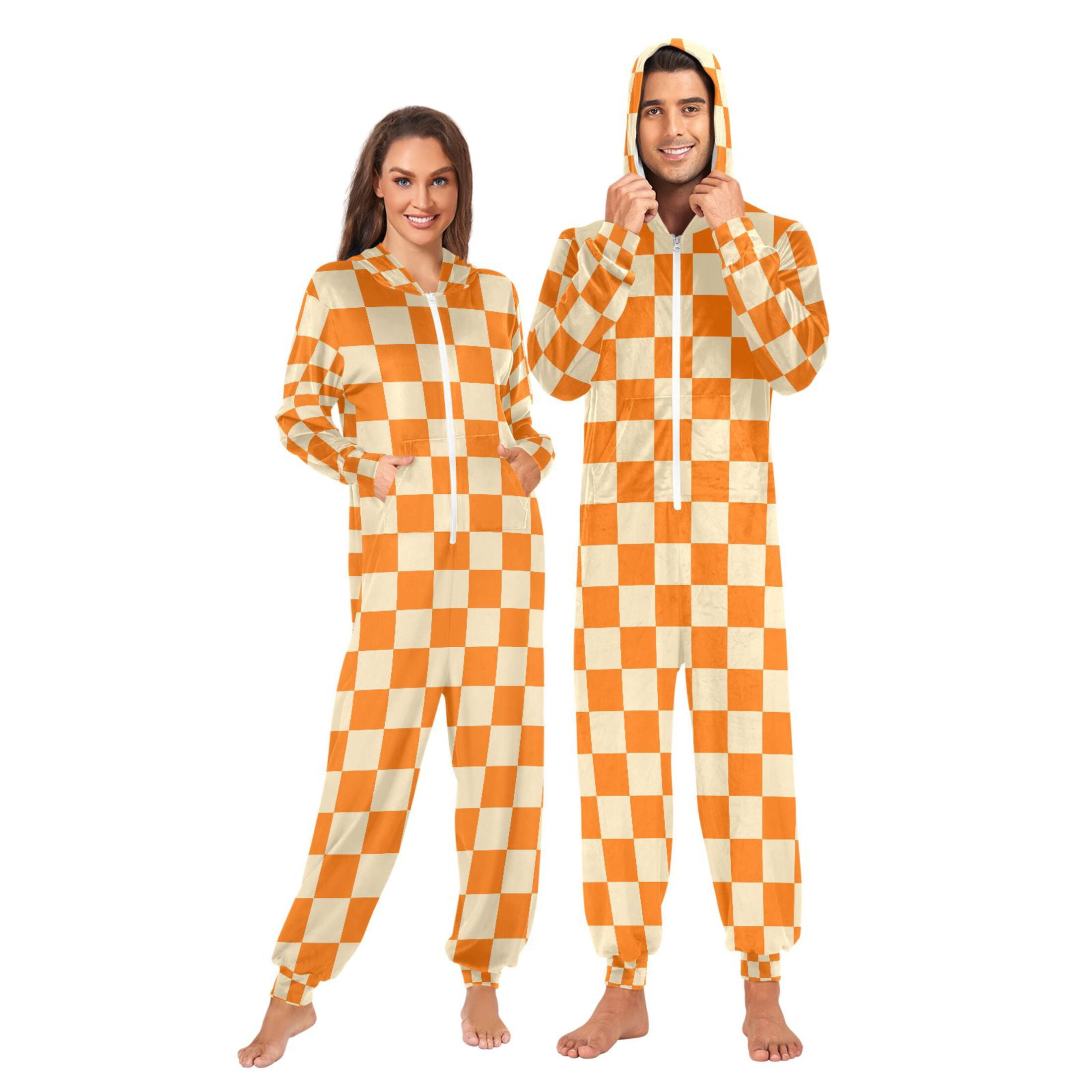 Adult Christmas Onesie Orange Yellow Checked Adult Zipper One-Piece Pajamas Unisex Pajamas with Pockets