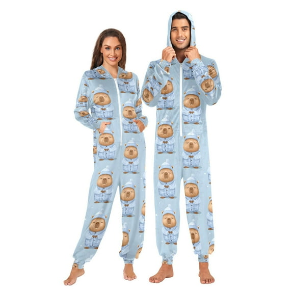 Adult Christmas Onesie Pajama Groundhog Pattern Zipper One-Piece Pajamas Unisex with Pockets