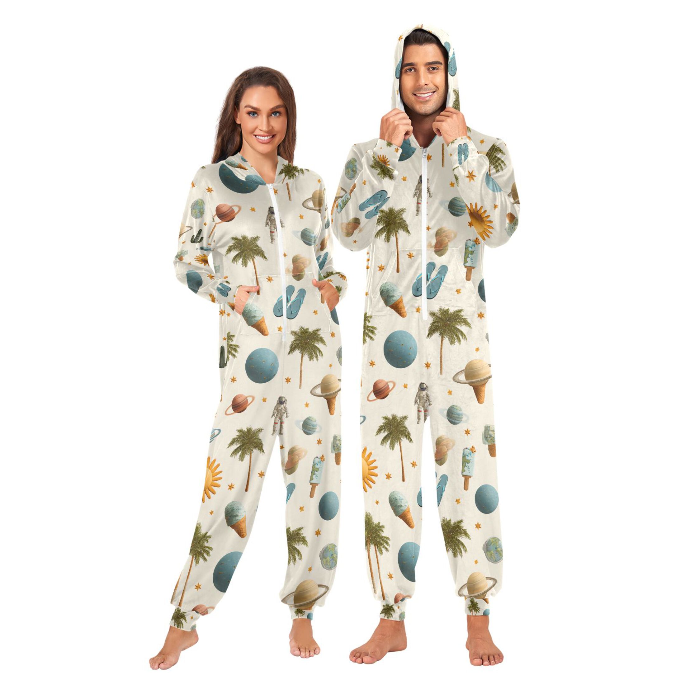 Adult Christmas Onesie Palm Tree Astronaut Flip Flops Adult Zipper One-Piece Pajamas Unisex Pajamas with Pockets
