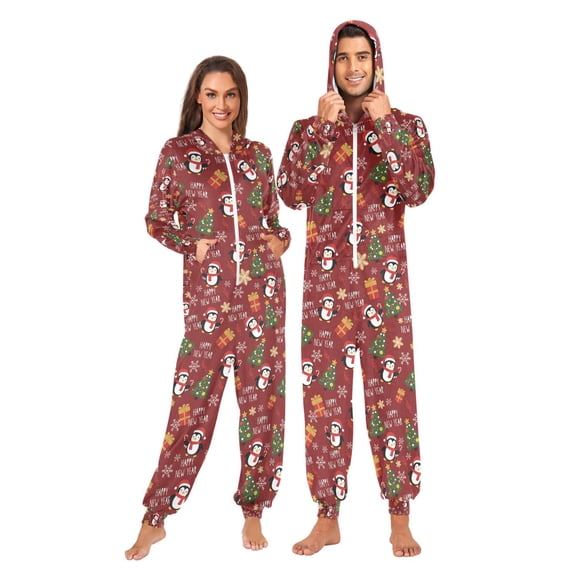 Adult Christmas Onesie Penguin Christmas Tree Pattern Zipper One-Piece Pajamas Unisex with Pockets