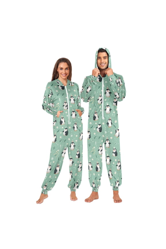 Adult Christmas Onesie Penguin Flower Pattern Zipper One-Piece Pajamas Unisex with Pockets