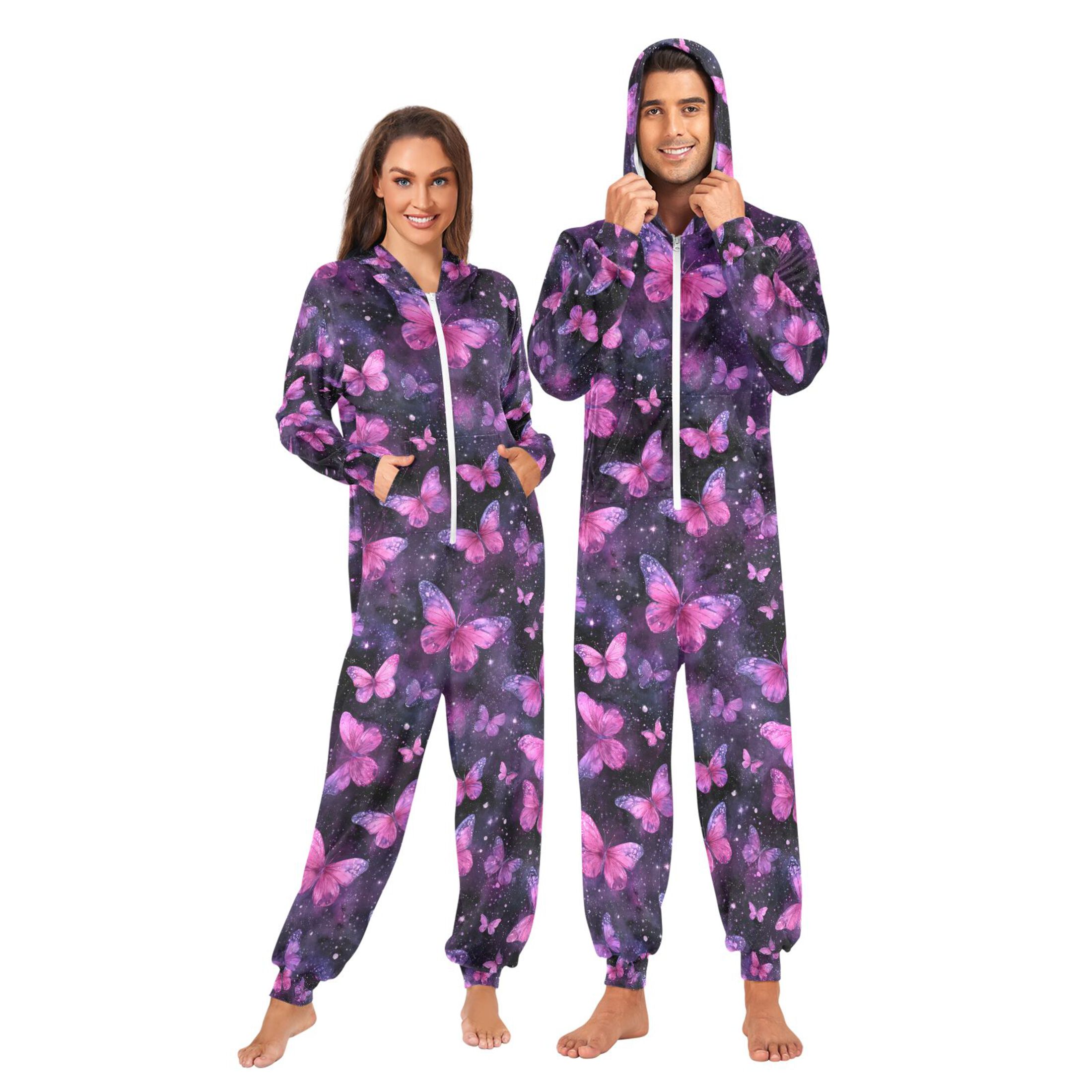 Adult Christmas Onesie Pink Butterfly Adult Zipper One-Piece Pajamas Unisex Pajamas with Pockets