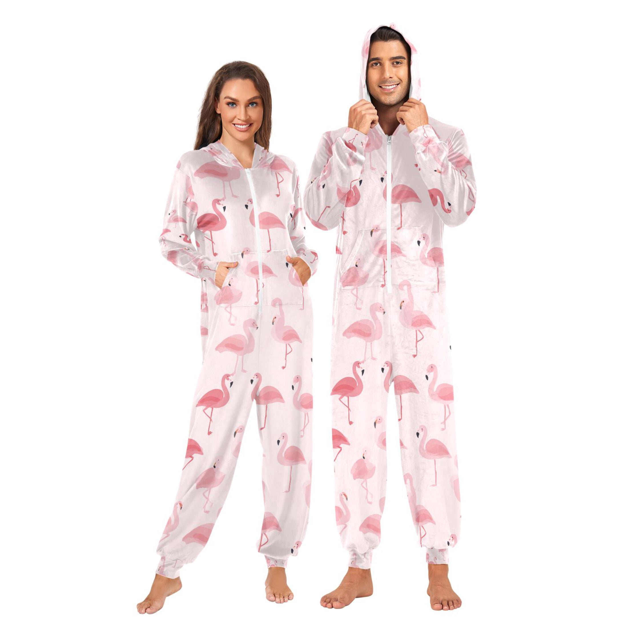 Adult Christmas Onesie Pink Flamingo Adult Zipper One-Piece Pajamas Unisex Pajamas with Pockets