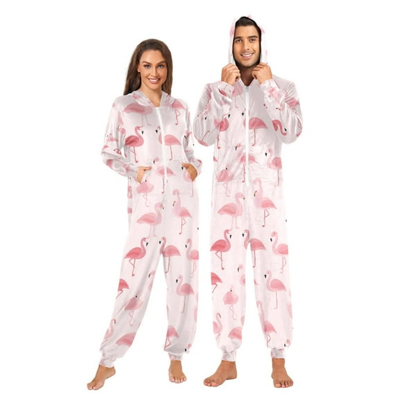 Adult Christmas Onesie Pink Flamingo Adult Zipper One-Piece Pajamas Unisex Pajamas with Pockets