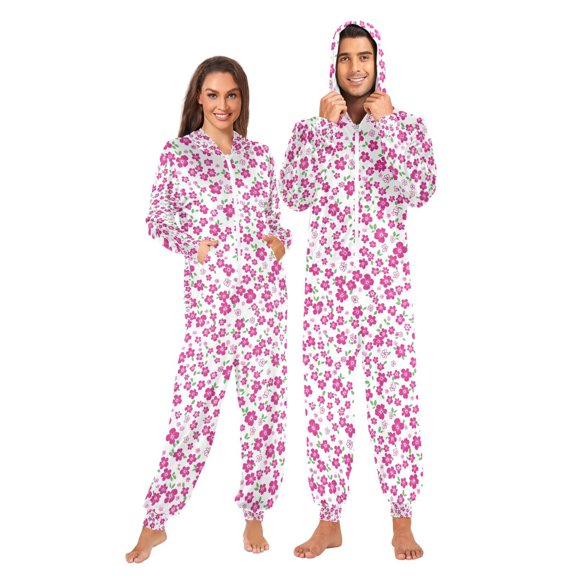Adult Christmas Onesie Pink Flower Zipper One-Piece Pajamas Unisex with Pockets