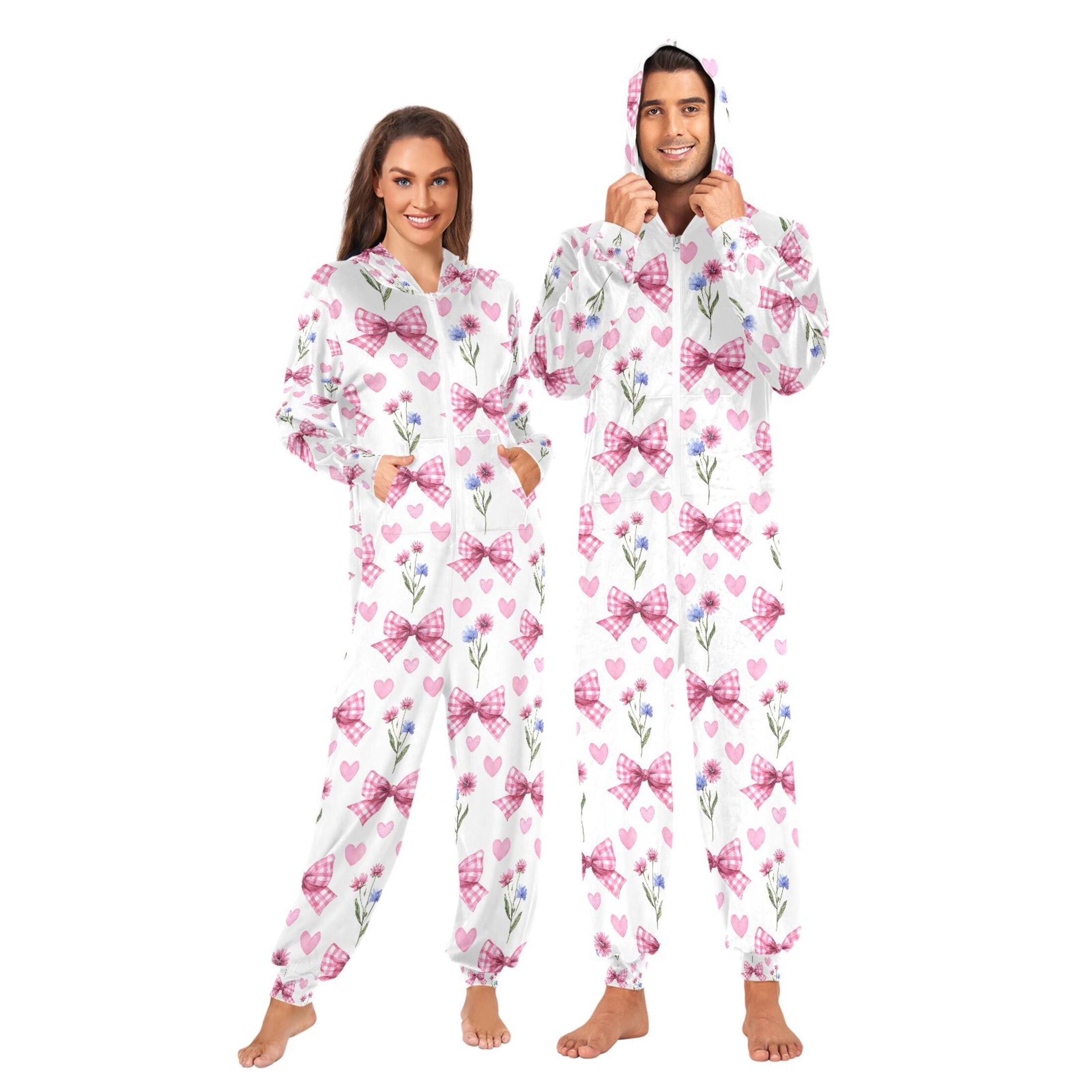 Adult Christmas Onesie Plaid Bow Heart Flower Adult Zipper One-Piece Pajamas Unisex Pajamas with Pockets