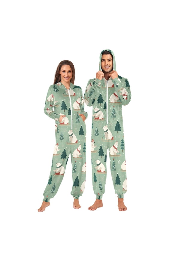 Adult Christmas Onesie Polar Bears Zipper One-Piece Pajamas Unisex with Pockets