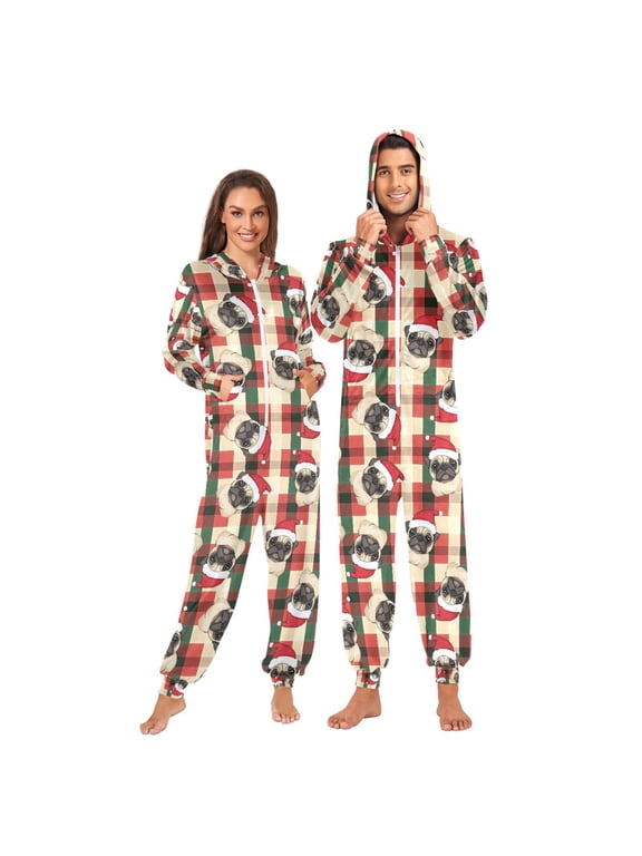 Adult Christmas Onesie Pug Christmas Red Green Beige Plaid Pattern Zipper One-Piece Pajamas Unisex with Pockets