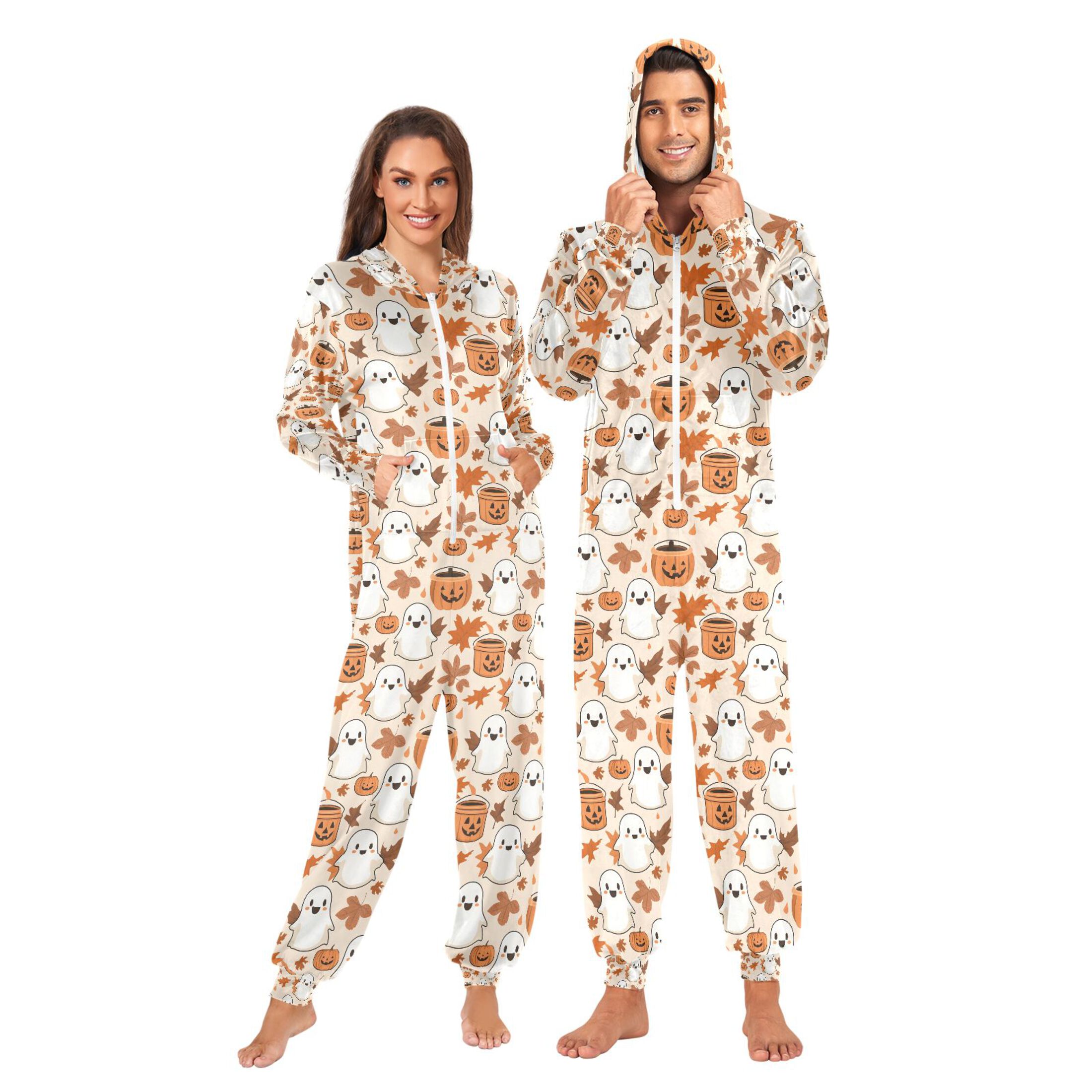 Adult Christmas Onesie Pumpkin Ghost Fall Leaves Adult Zipper One-Piece Pajamas Unisex Pajamas with Pockets