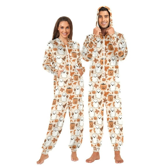 Adult Christmas Onesie Pumpkin Ghost Fall Leaves Adult Zipper One-Piece Pajamas Unisex Pajamas with Pockets