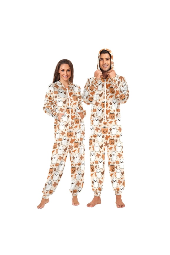 Adult Christmas Onesie Pumpkin Ghost Fall Leaves Adult Zipper One-Piece Pajamas Unisex Pajamas with Pockets
