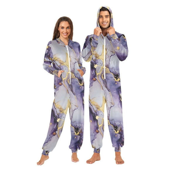 Adult Christmas Onesie Purple Golden Marble Pattern Zipper One-Piece Pajamas Unisex with Pockets