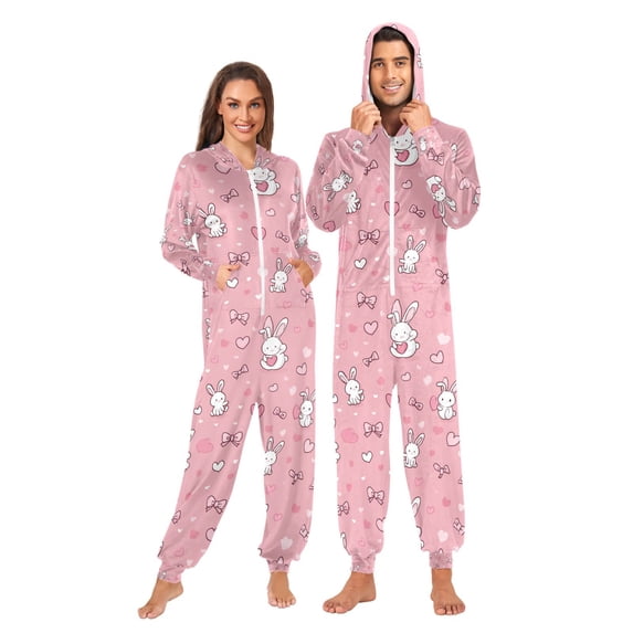 Adult Christmas Onesie Rabbit Bow Love Heart Adult Zipper One-Piece Pajamas Unisex Pajamas with Pockets