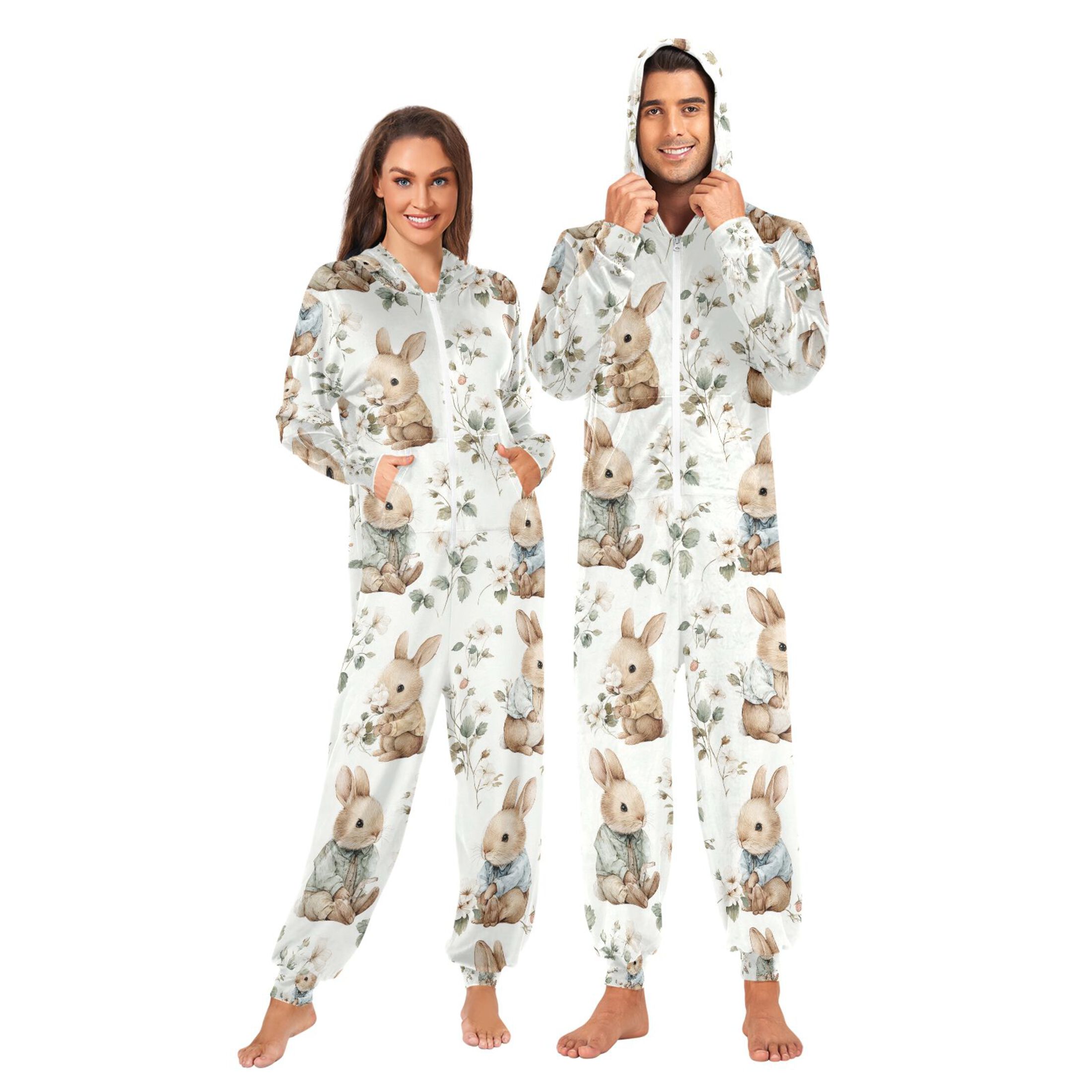 Adult Christmas Onesie Rabbit and Leaves Adult Zipper One-Piece Pajamas Unisex Pajamas with Pockets