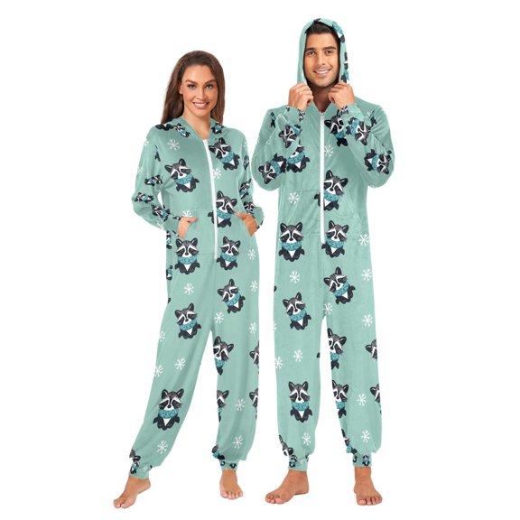 Adult Christmas Onesie Raccoon Snowflake Adult Zipper One-Piece Pajamas Unisex Pajamas with Pockets