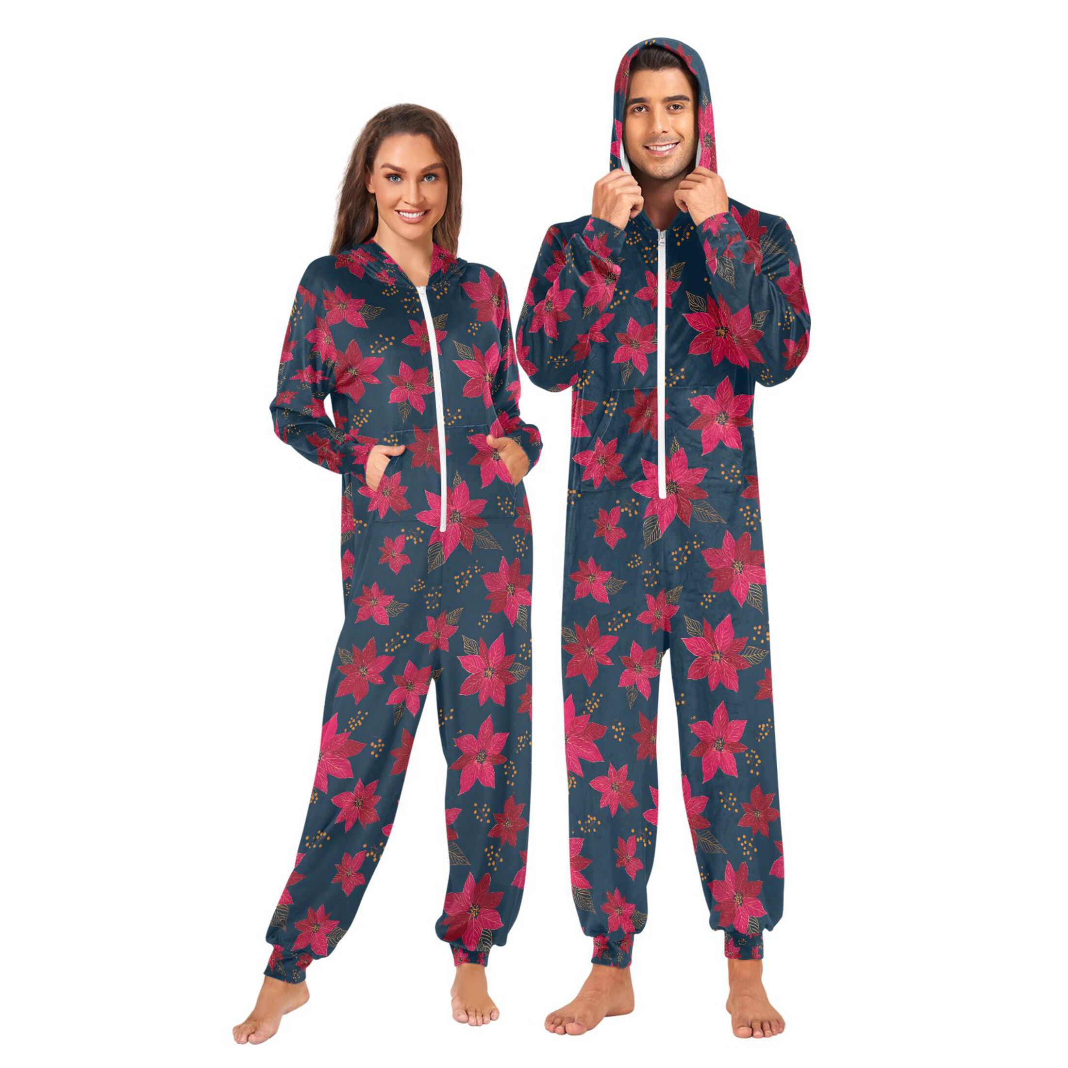 Adult Christmas Onesie Red Flower Adult Zipper One-Piece Pajamas Unisex Pajamas with Pockets
