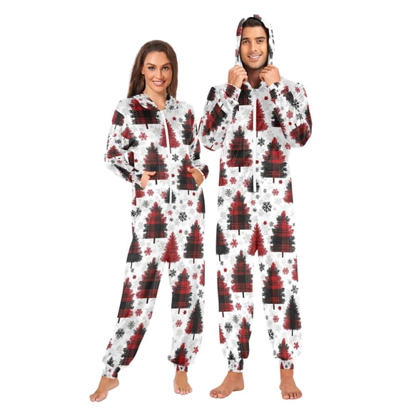 Adult Christmas Onesie Red and Black Plaid Christmas Tree Zipper One-Piece Pajamas Unisex with Pockets
