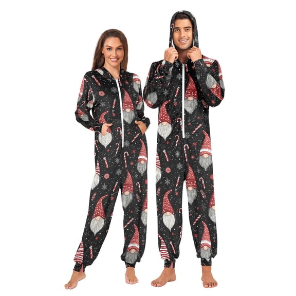 Adult Christmas Onesie Red and White Striped Zipper One-Piece Pajamas Unisex with Pockets