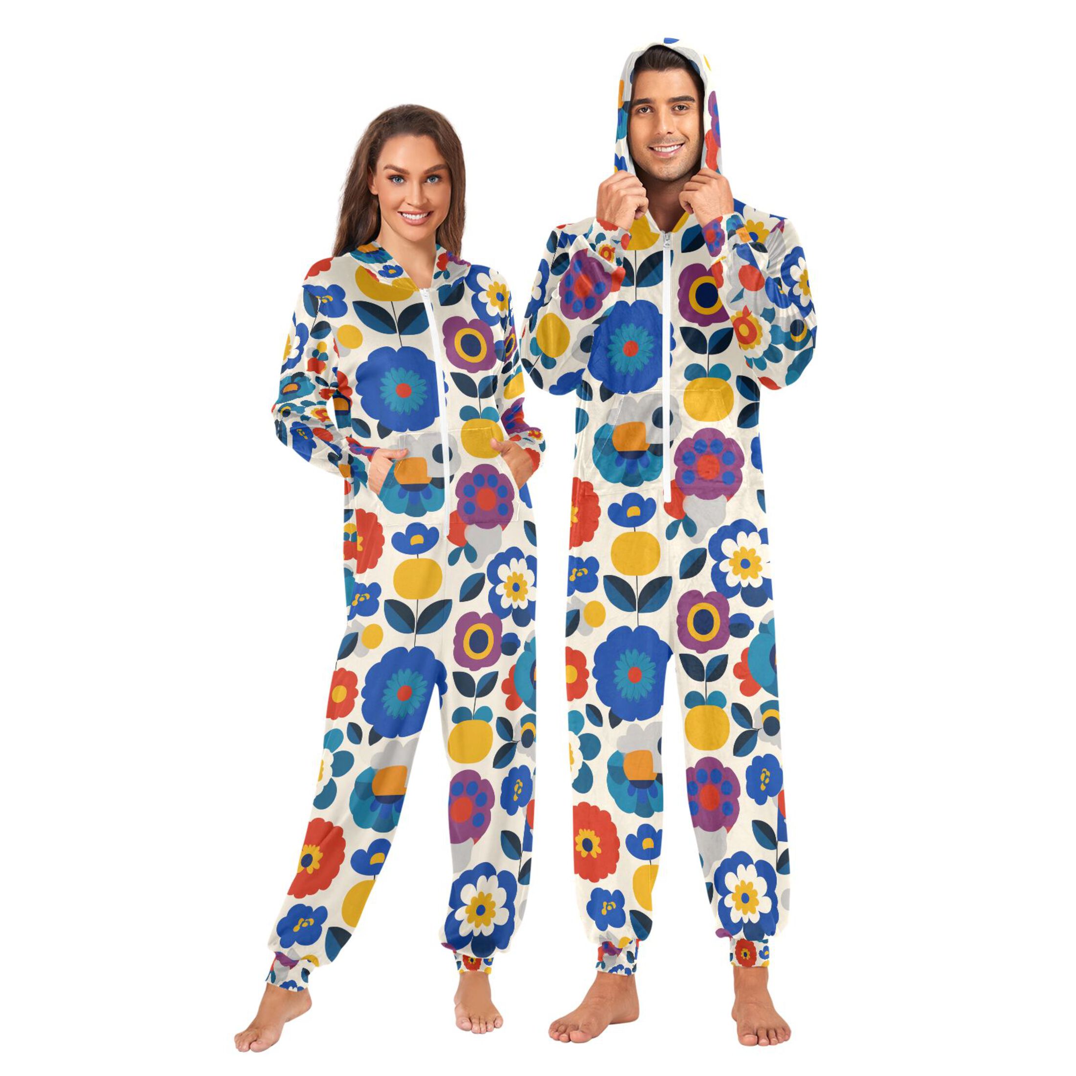 Adult Christmas Onesie Retro Bright Flowers Adult Zipper One-Piece Pajamas Unisex Pajamas with Pockets