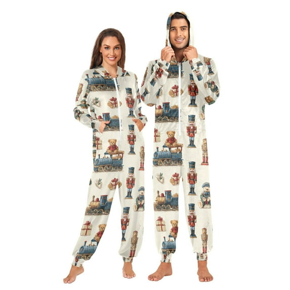 Adult Christmas Onesie Retro Christmas Toys Zipper One-Piece Pajamas Unisex with Pockets