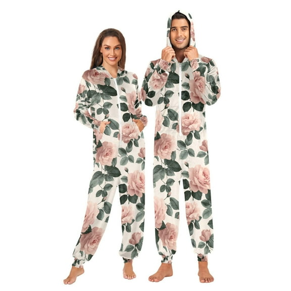 Adult Christmas Onesie Roses and Leaves Adult Zipper One-Piece Pajamas Unisex Pajamas with Pockets