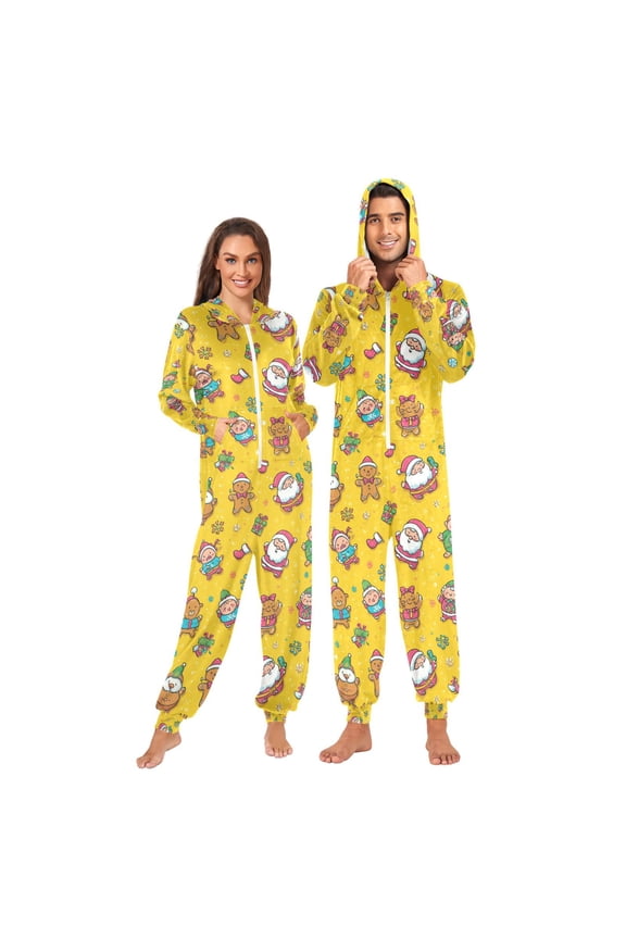 Adult Christmas Onesie Santa Claus Elves and Gingerbread Men Zipper One-Piece Pajamas Unisex with Pockets