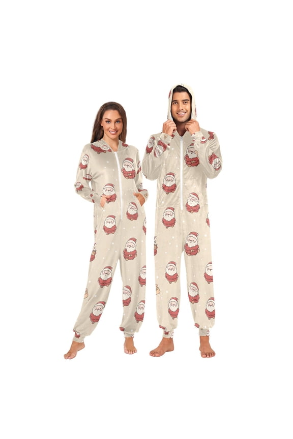 Adult Christmas Onesie Santa Claus Pattern Zipper One-Piece Pajamas Unisex with Pockets