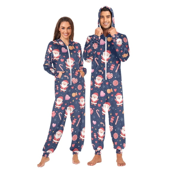 Adult Christmas Onesie Santa Claus and Candy Zipper One-Piece Pajamas Unisex with Pockets