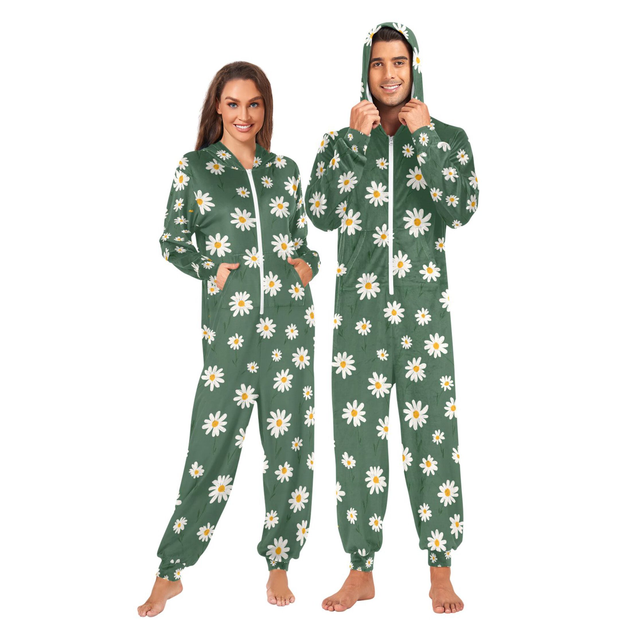 Adult Christmas Onesie Simple Daisy Adult Zipper One-Piece Pajamas Unisex Pajamas with Pockets