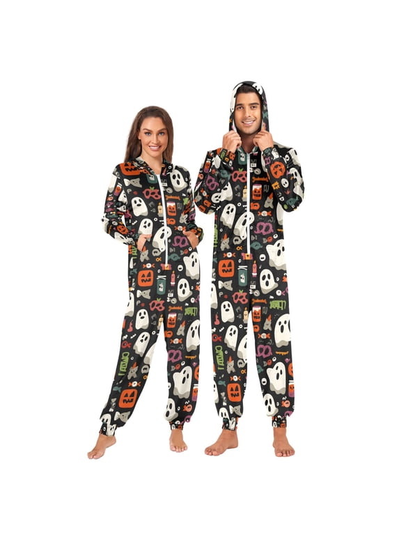 Adult Christmas Onesie Simple Ghost Adult Zipper One-Piece Pajamas Unisex Pajamas with Pockets