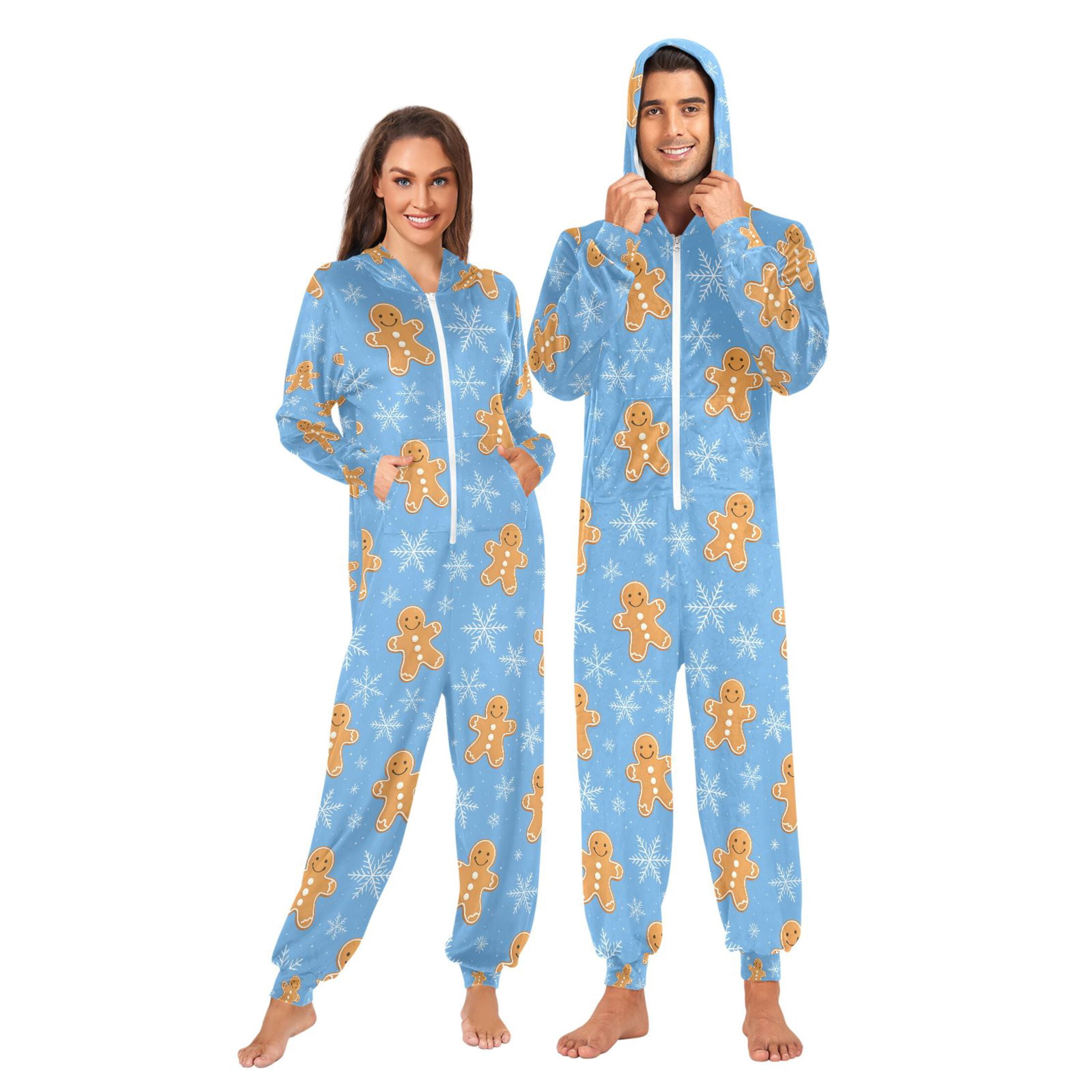 Adult Christmas Onesie Snowflake Cookie Man Blue Background Adult Zipper One-Piece Pajamas Unisex Pajamas with Pockets