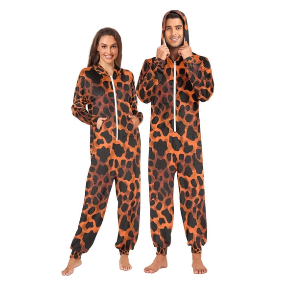 Adult Christmas Onesie Spotted Orange Background Zipper One-Piece Pajamas Unisex with Pockets