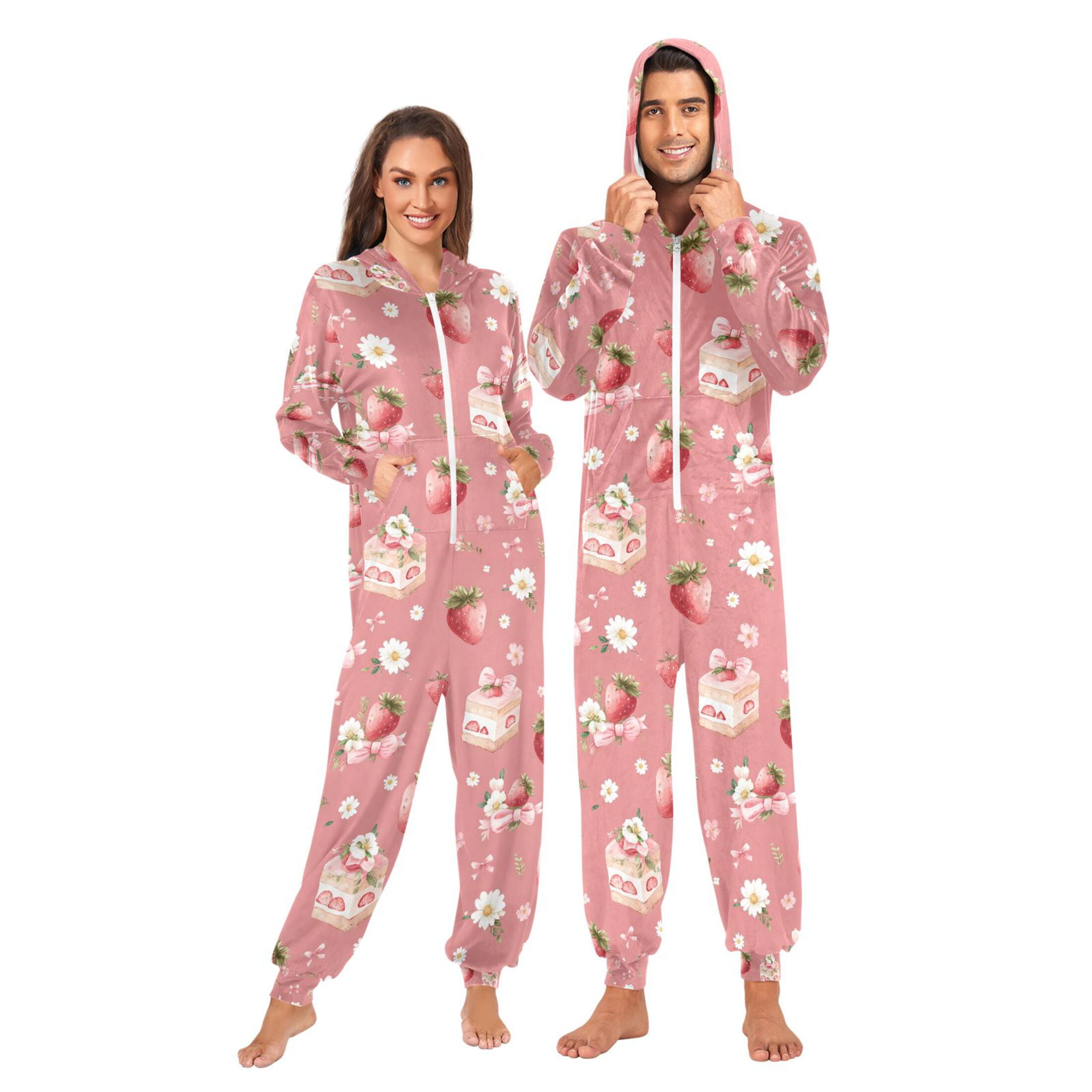 Adult Christmas Onesie Strawberry Cake Bow Pattern Adult Zipper One-Piece Pajamas Unisex Pajamas with Pockets