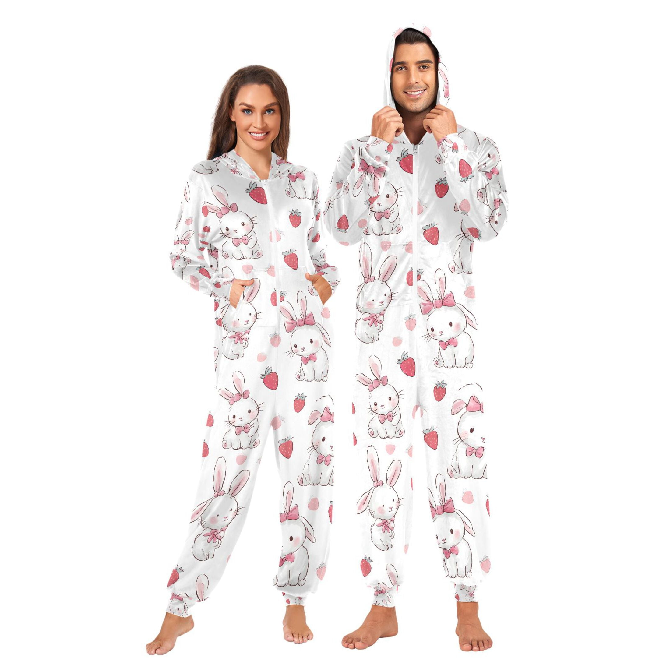 Adult Christmas Onesie Strawberry Rabbit Adult Zipper One-Piece Pajamas Unisex Pajamas with Pockets