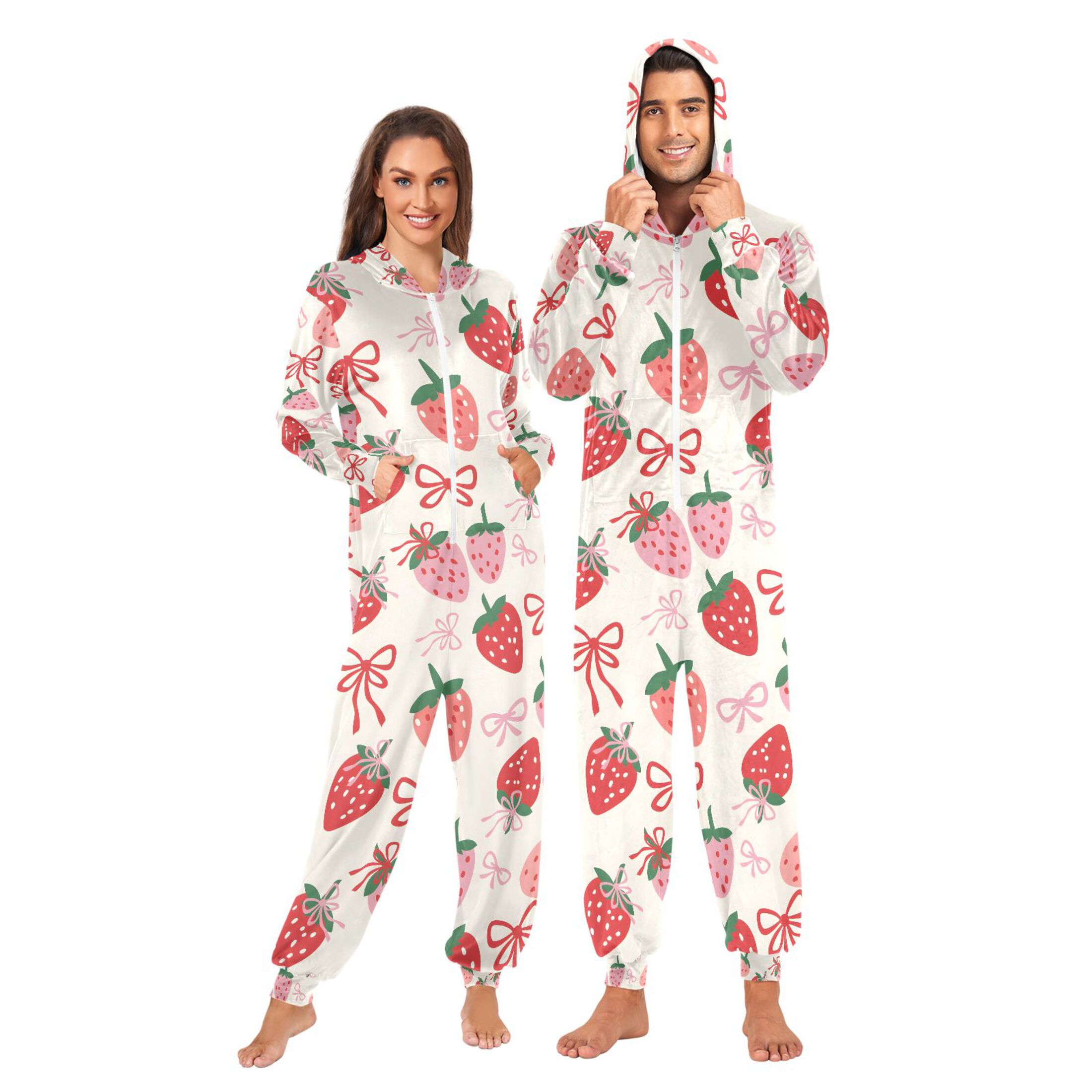Adult Christmas Onesie Strawberry Simple Lines Bow Adult Zipper One-Piece Pajamas Unisex Pajamas with Pockets