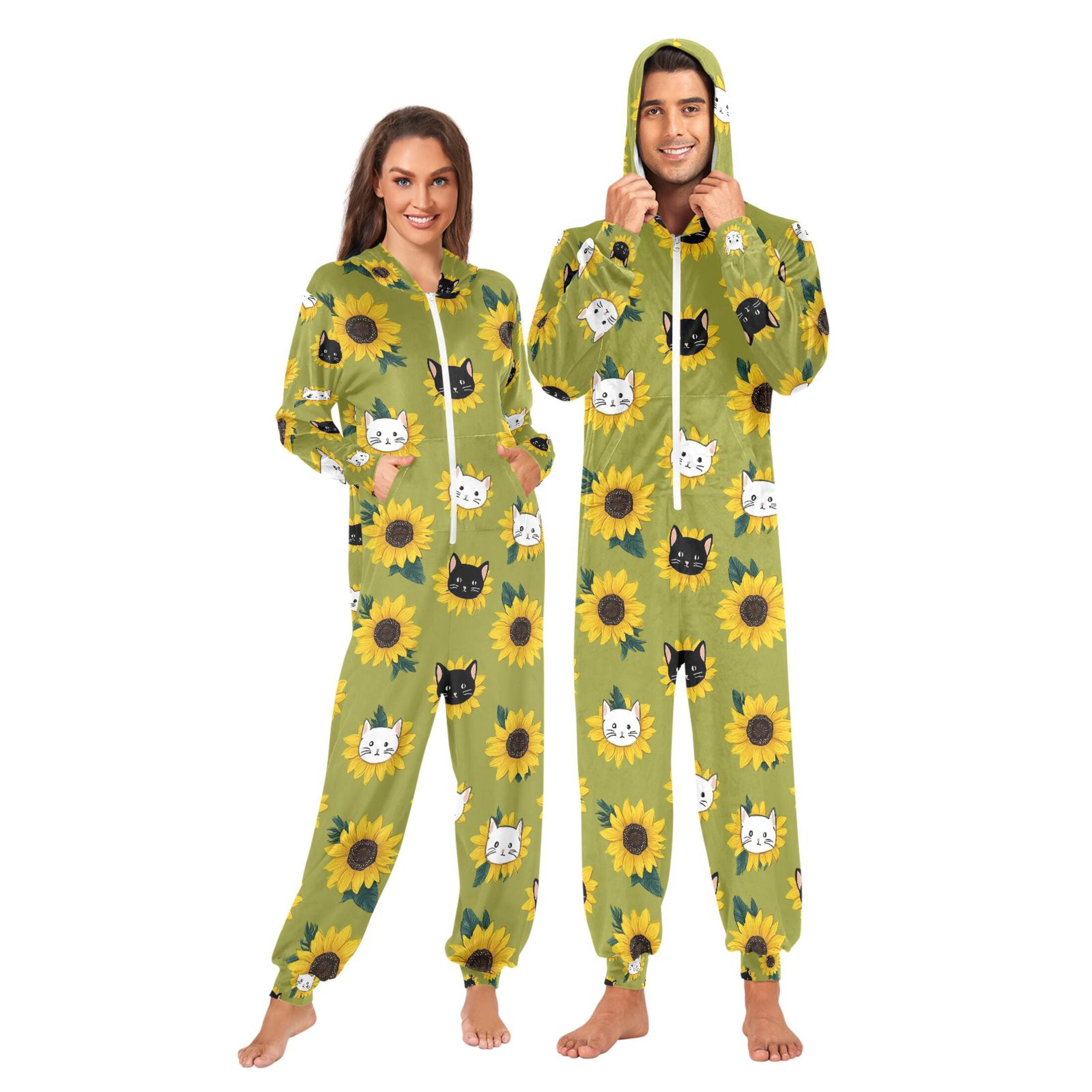 Adult Christmas Onesie Sunflower Flower Black White Cat Adult Zipper One-Piece Pajamas Unisex Pajamas with Pockets