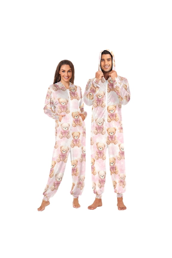 Adult Christmas Onesie Teddy Bear Pink and White Camouflage Adult Zipper One-Piece Pajamas Unisex Pajamas with Pockets