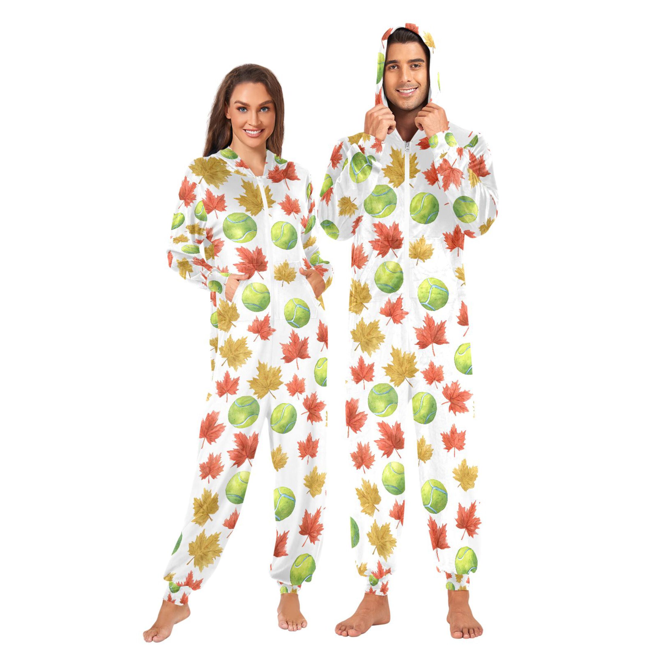 Adult Christmas Onesie Tennis Maple Leaf Adult Zipper One-Piece Pajamas Unisex Pajamas with Pockets