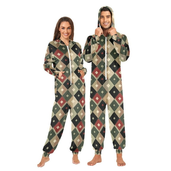 Adult Christmas Onesie Vintage Red Black Green Argyle Pattern Zipper One-Piece Pajamas Unisex with Pockets
