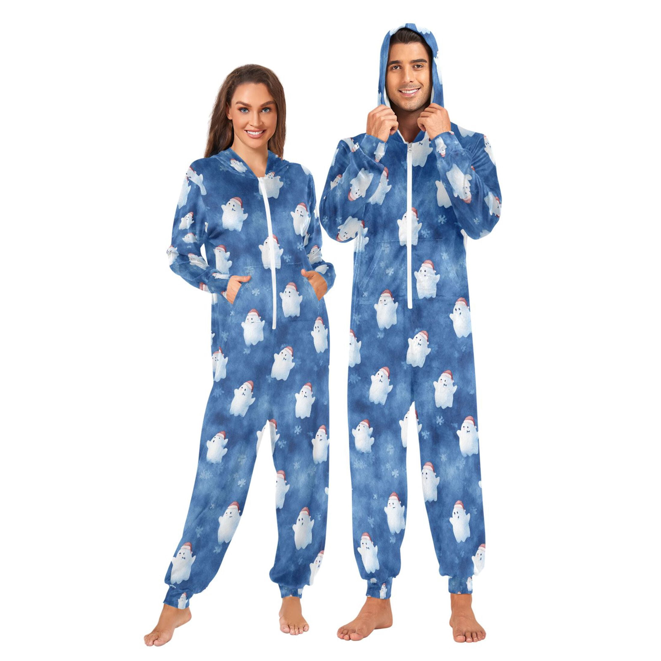 Adult Christmas Onesie Watercolor Christmas Ghost Adult Zipper One-Piece Pajamas Unisex Pajamas with Pockets