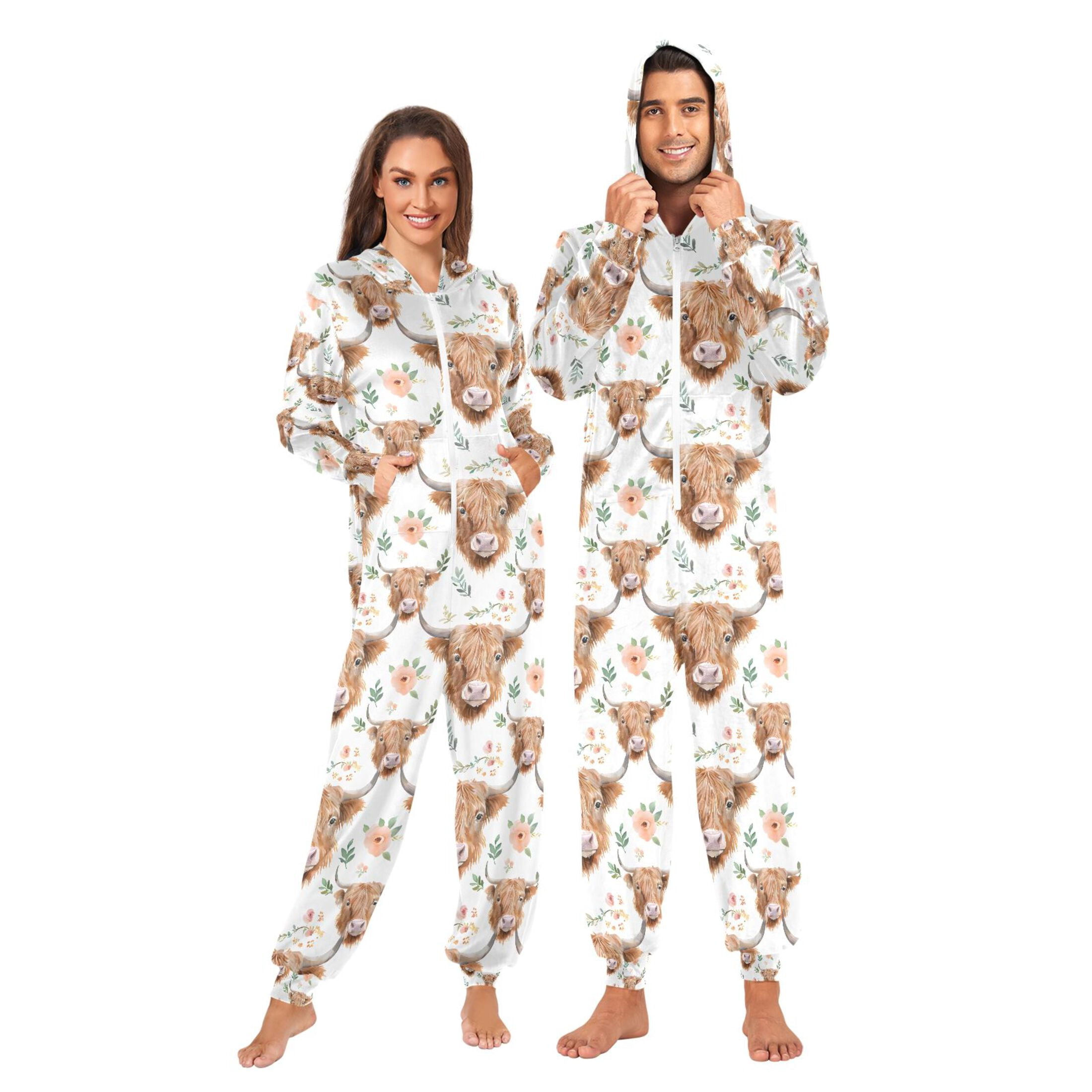 Adult Christmas Onesie Watercolor Floral Highland Cows Adult Zipper One-Piece Pajamas Unisex Pajamas with Pockets