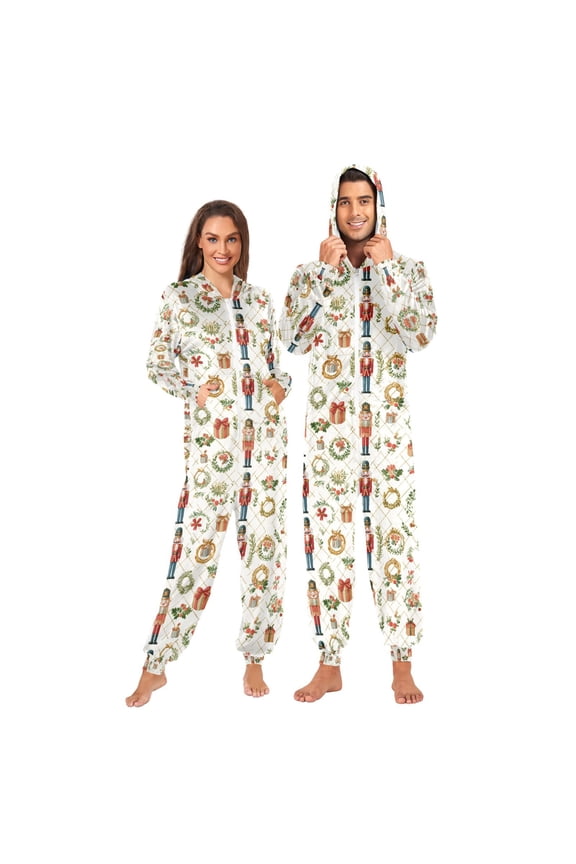 Adult Christmas Onesie Watercolor Nutcracker Zipper One-Piece Pajamas Unisex with Pockets