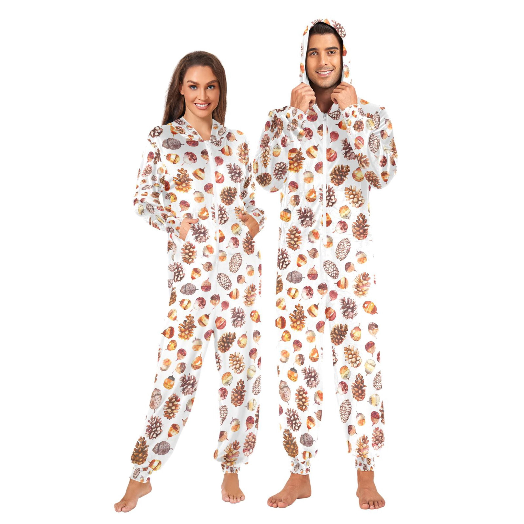 Adult Christmas Onesie Watercolor Pinecone Adult Zipper One-Piece Pajamas Unisex Pajamas with Pockets