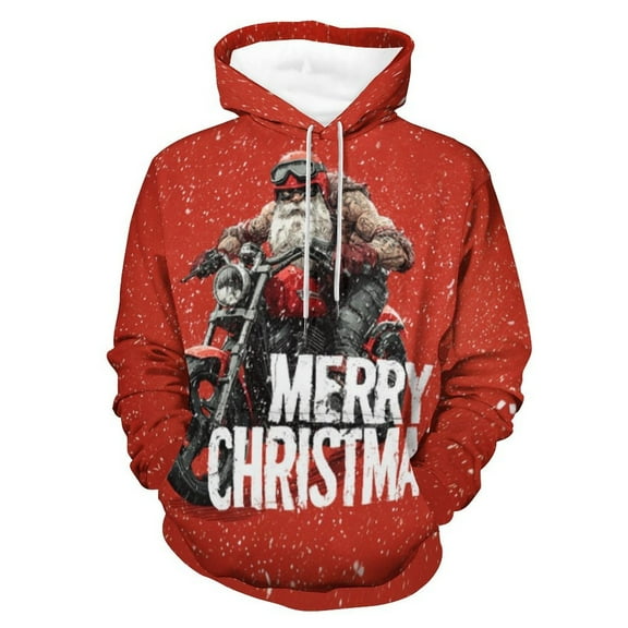 Adult Christmas Santa Claus Graphic Hoodie, 3D All Over Print Holiday Pullover Sweatshirt with Hood & Pocket, Funny Ugly Christmas Sweater Style