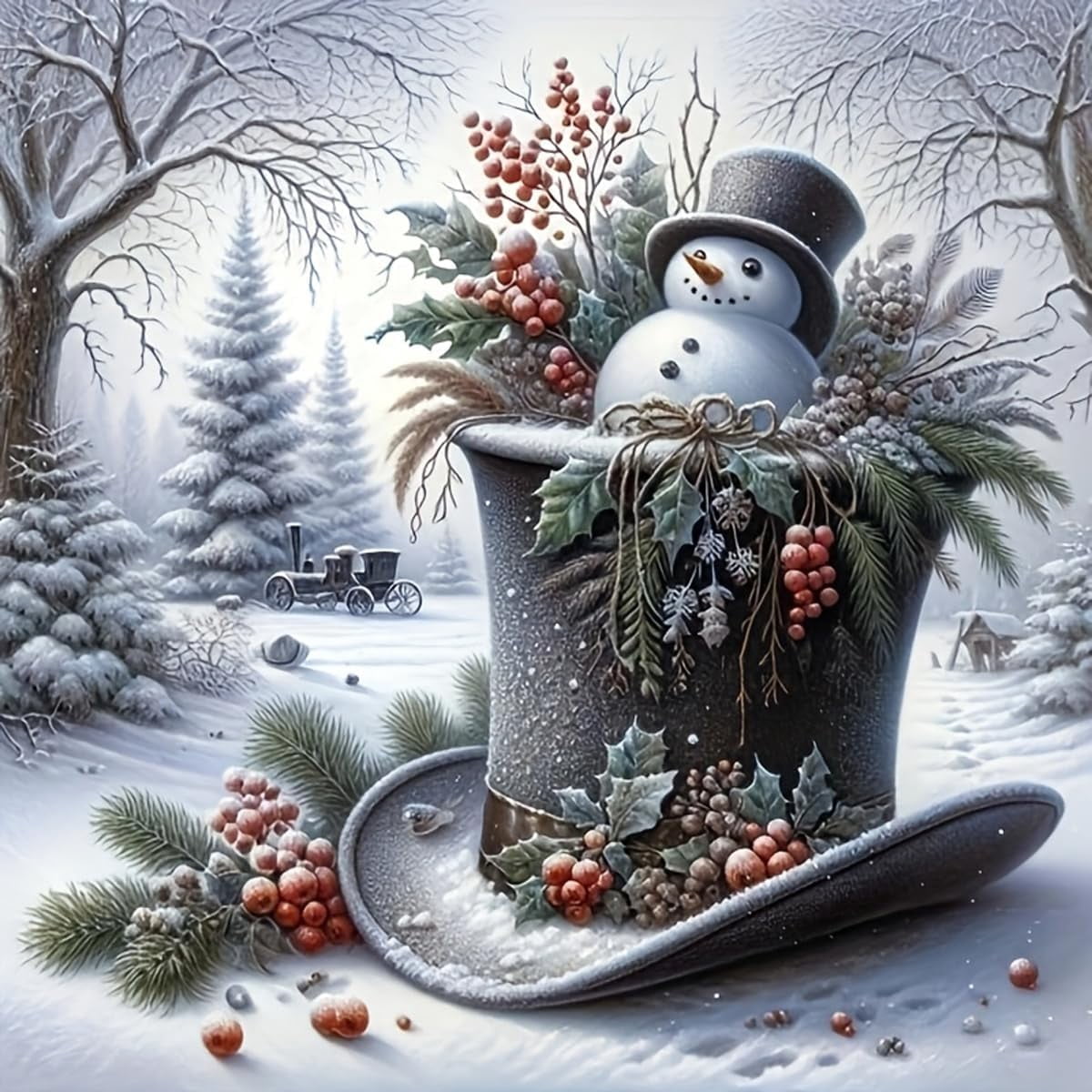 Adult Christmas Snowman Diamond Painting Kit, Beginner Christmas Hat Forest Diamond Art Kit, DIY Winter Holiday Rhinestone Dot Gem Painting Art Crafts Home Decor 16x16 Inch Unframed