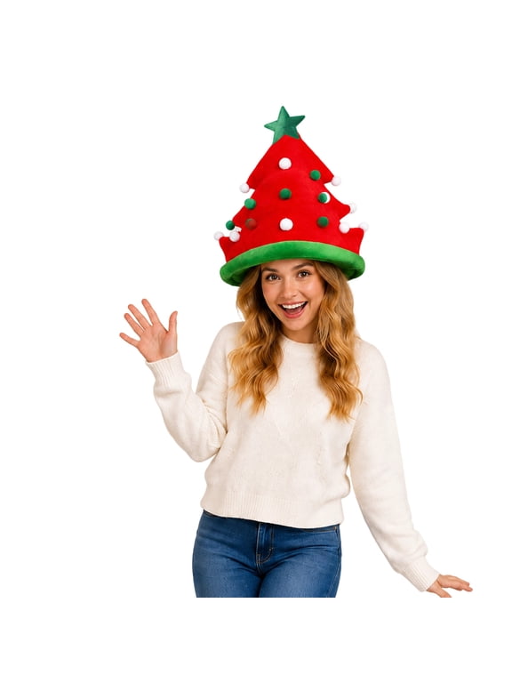 Adult Christmas Tree Hat Star Pom Pom Holiday Costume Cap Funny Christmas Party Headwear Photo Prop