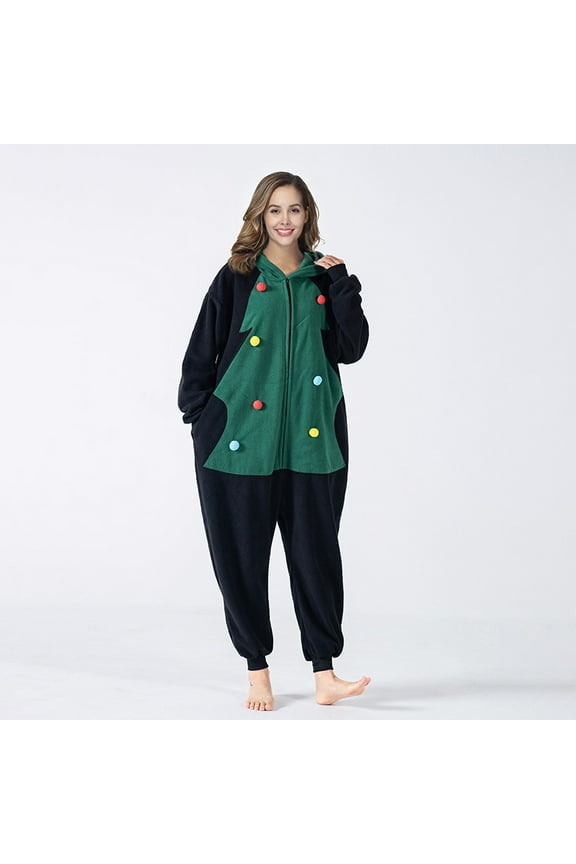 Adult Christmas Tree Onesies Pajamas Jumpsuit Hooded Zipper Sleepwear Holiday Party Performance Jumpsuit for Women
