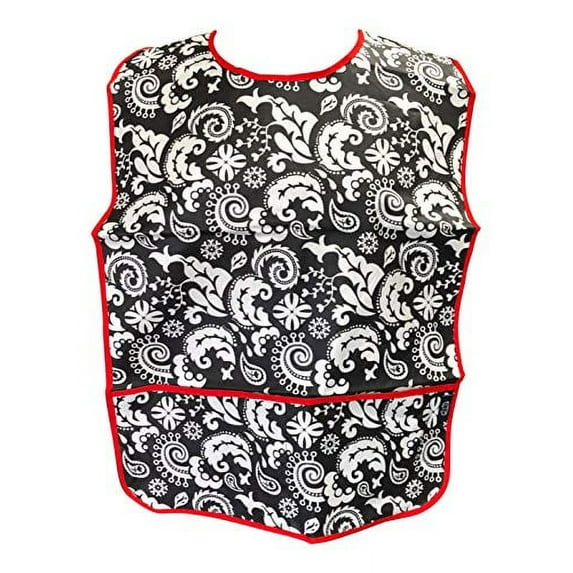 Adult Clothing Protector Bib with Front Pockets (Black Damask Paisley)