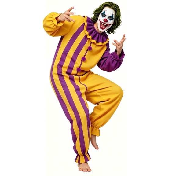Adult Clown Costume Yellow Purple Striped Circus Jester Jumpsuit Outfit Halloween Fancy Dress Party Cosplay Costumes